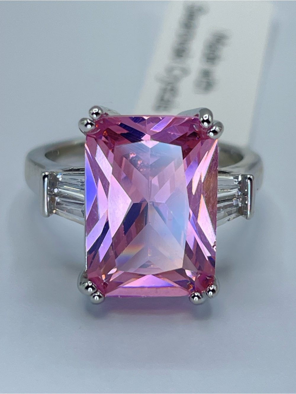 Swarovski Crystal Elements Pink Radiant Cut Solitaire Cocktail Ring Sz 7
